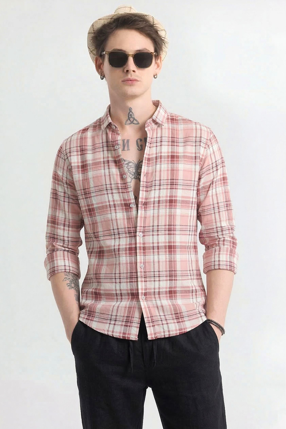 Image of R.Code by The Roadster Life Co. Men Checkered Casual Pink, White Shirt