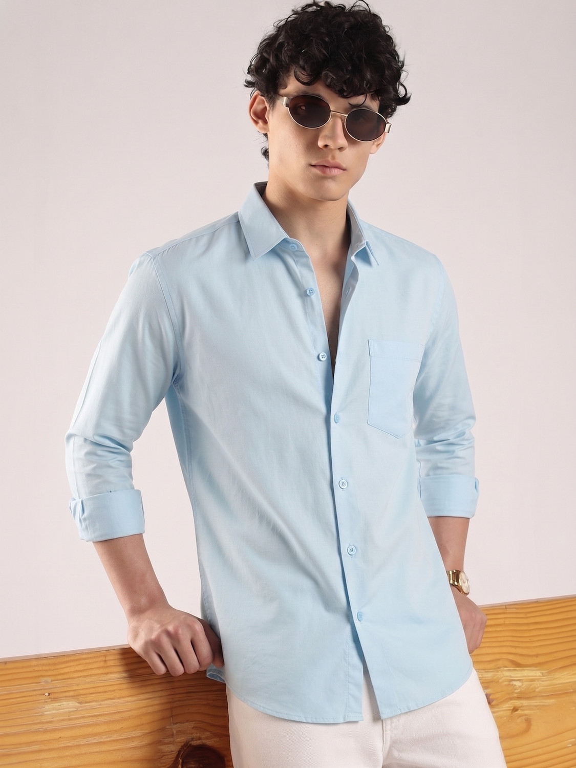 Image of Roadster Men Solid Casual Light Blue Shirt