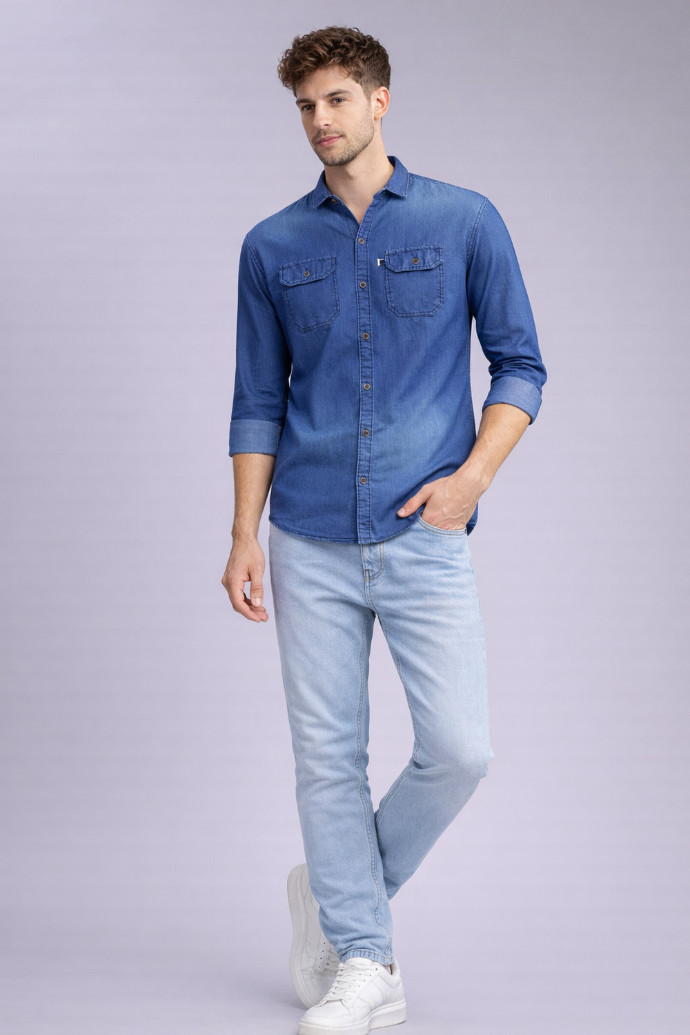 Image of AIDAN PAUL Men Washed Casual Blue Shirt