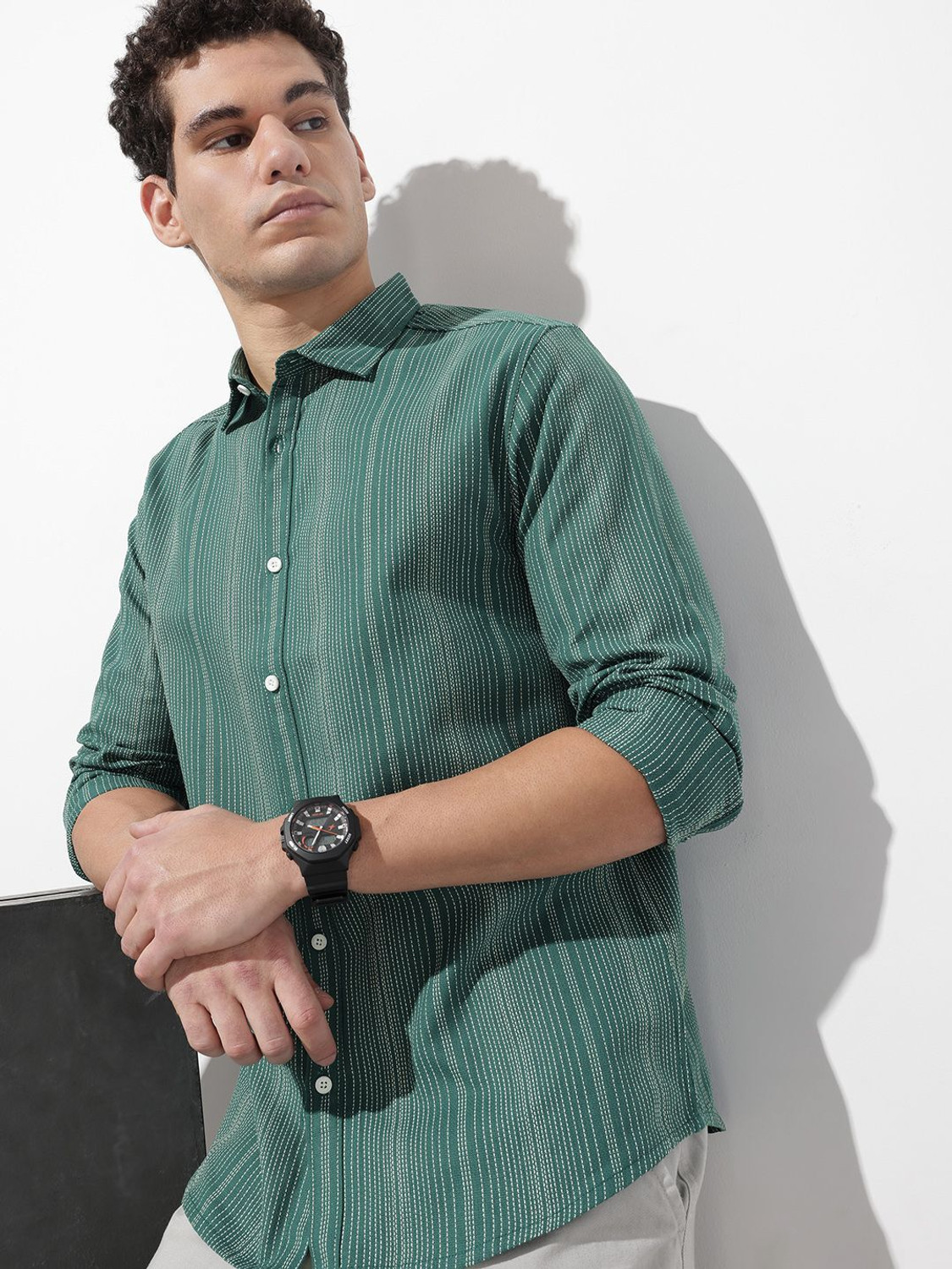 Image of Roadster Men Striped Casual Green Shirt
