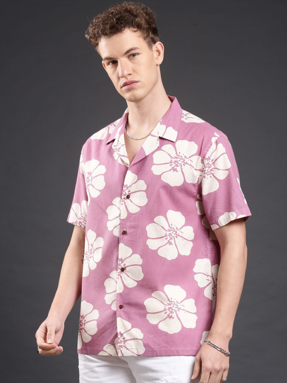 Image of Voroxy Men Printed Casual Pink Shirt
