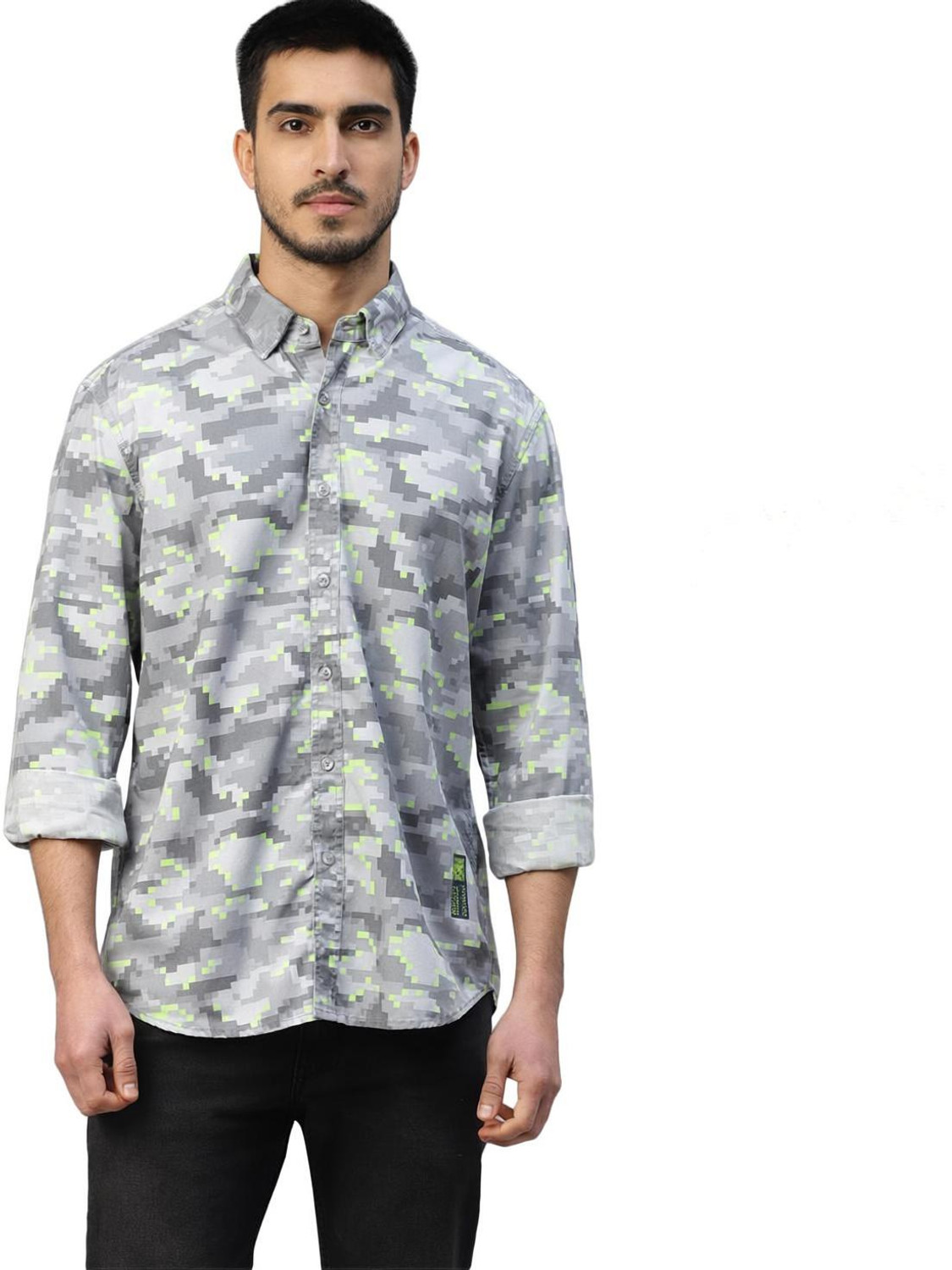 Image of Royal Enfield Men Printed Casual Grey, Light Green Shirt