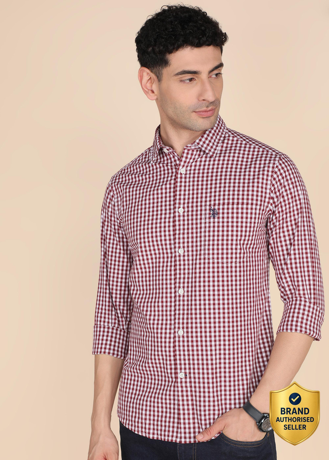 Image of U.S. POLO ASSN. Men Checkered Casual Maroon Shirt