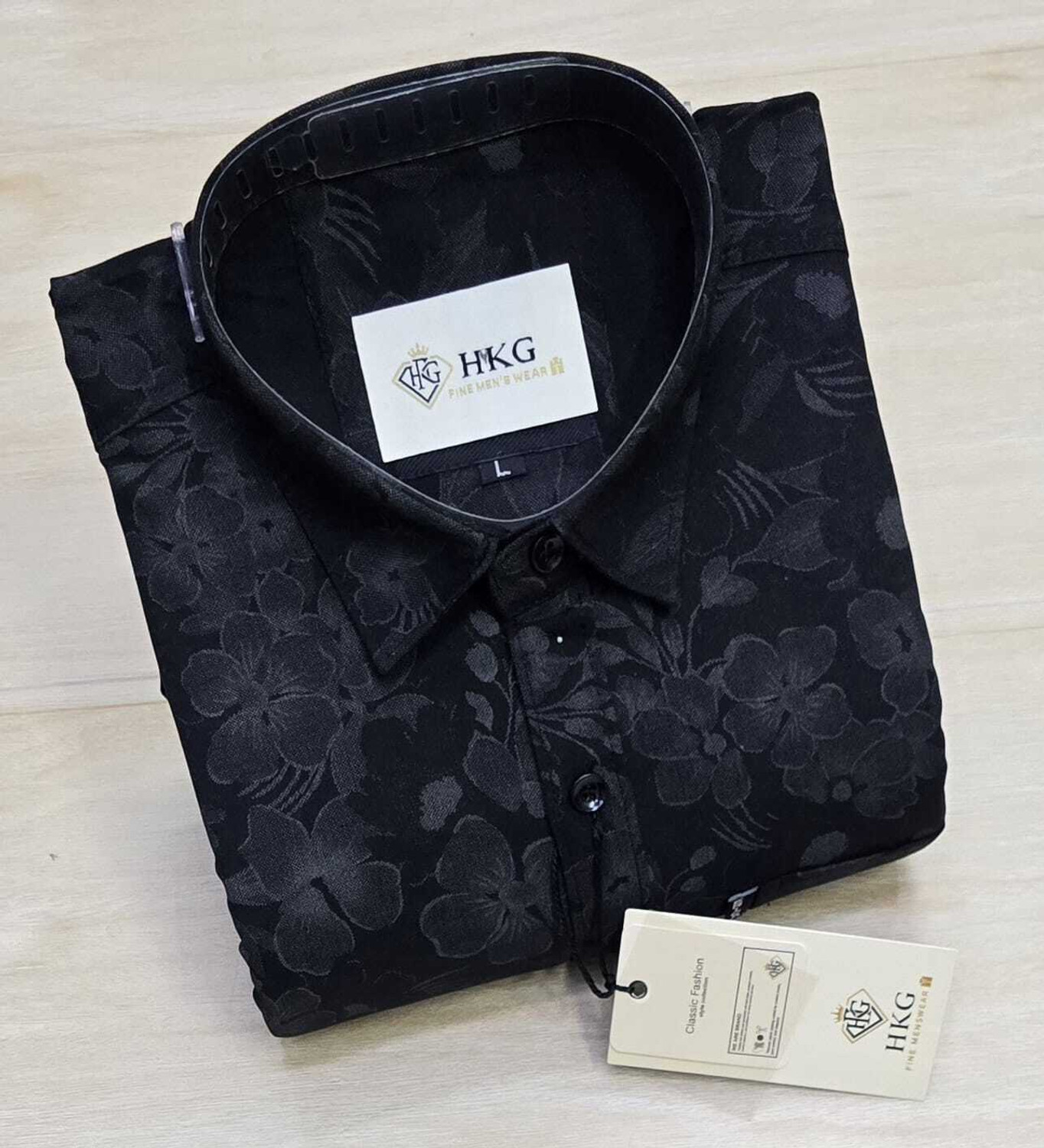Image of HKG Men Floral Print Casual Black Shirt