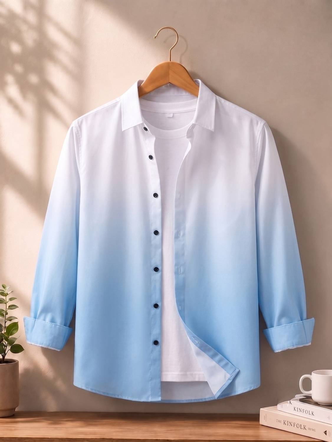 bollydolldesigner Men Dyed/Ombre Casual White, Light Blue Shirt - Image 1