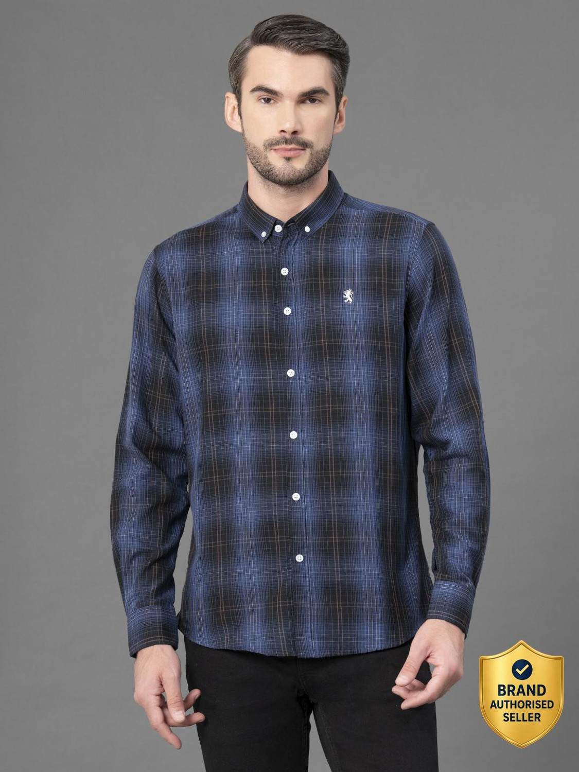 Image of RED TAPE Men Checkered Casual Dark Blue Shirt