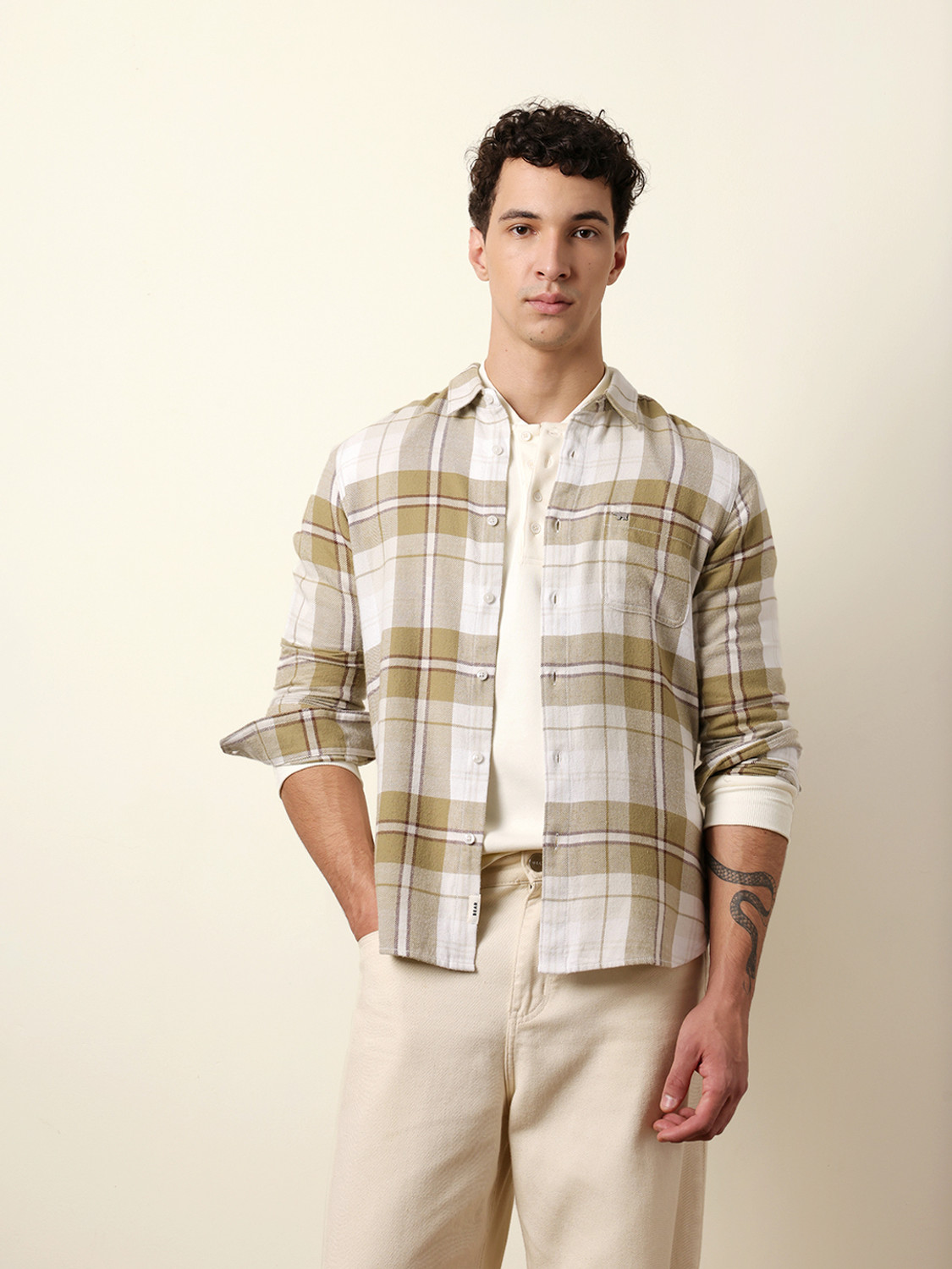 Image of THE BEAR HOUSE Men Checkered Casual Beige Shirt