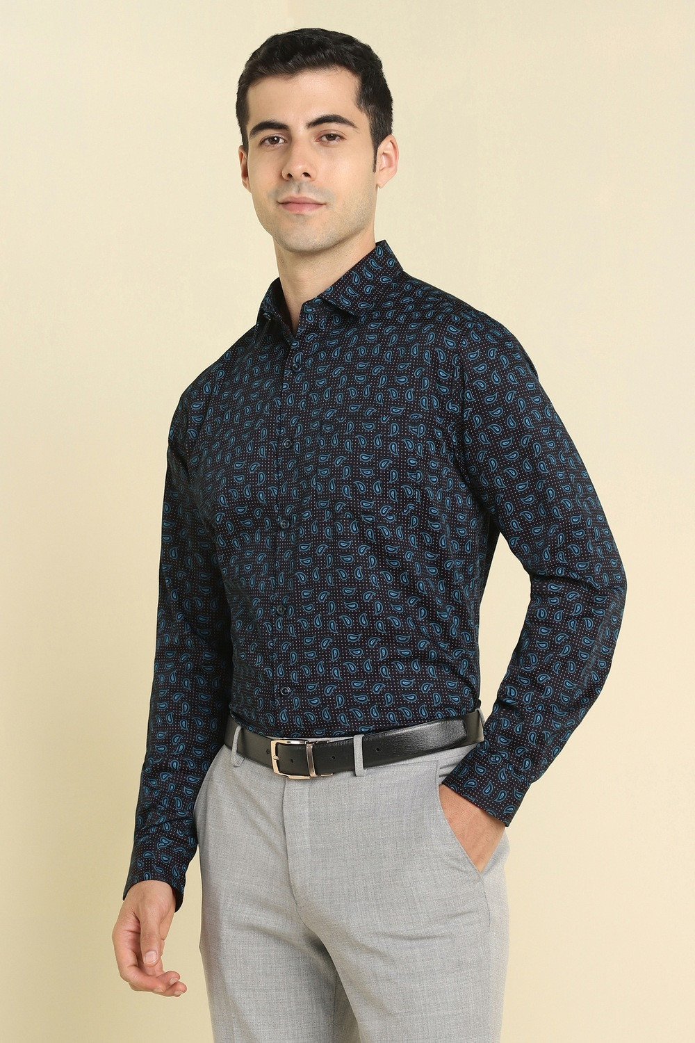 Image of Allen Solly Men Printed Formal Black Shirt