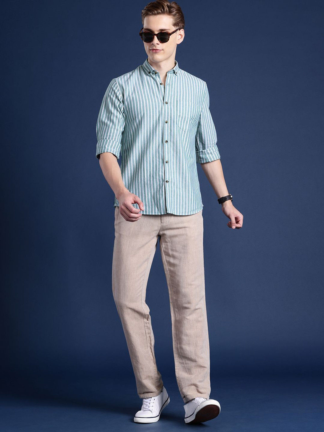 Image of Mast & Harbour Men Striped Casual Green Shirt
