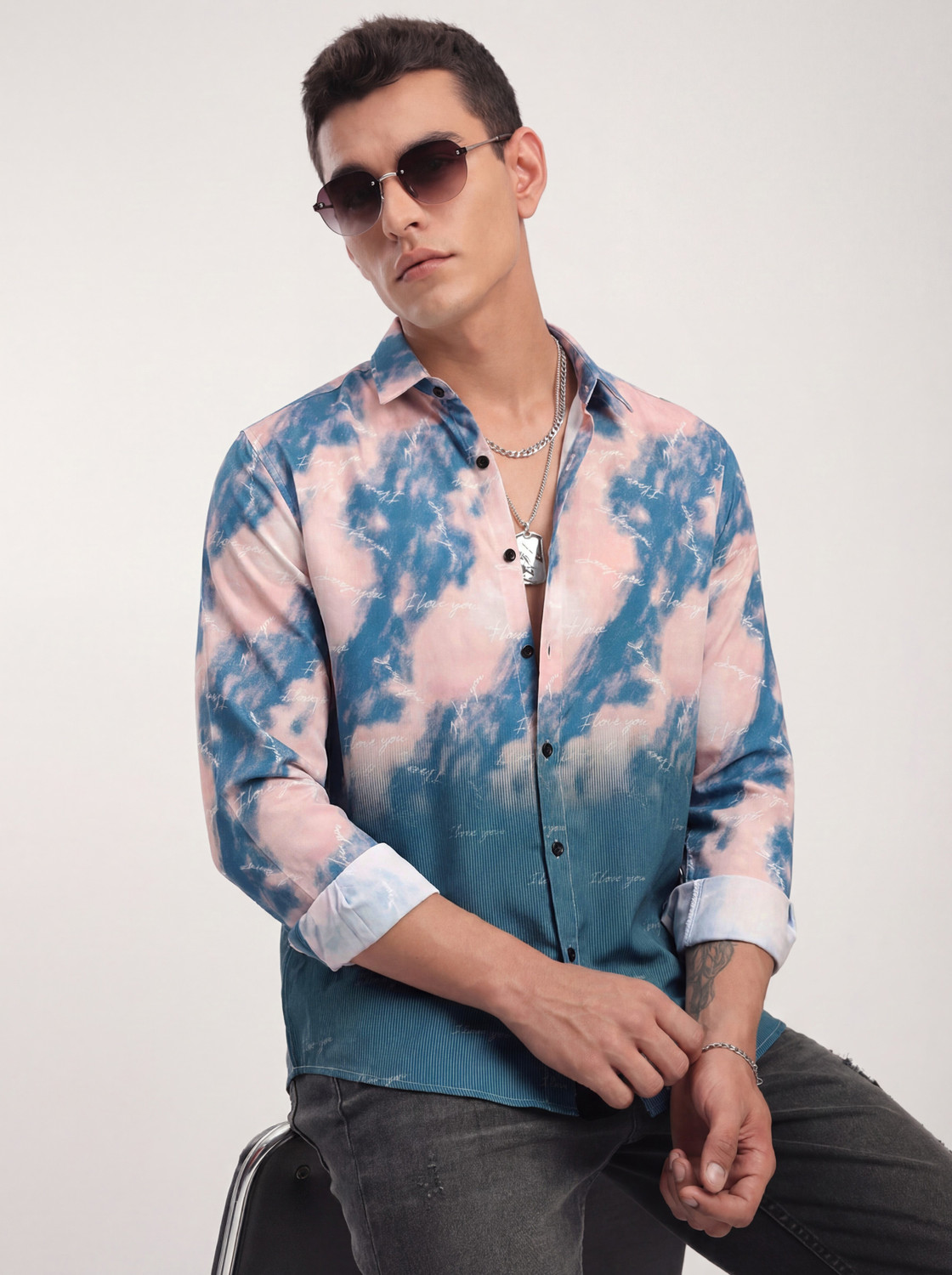 Image of FABDECK Men Dyed /Ombre, Printed, Striped Casual Blue Shirt