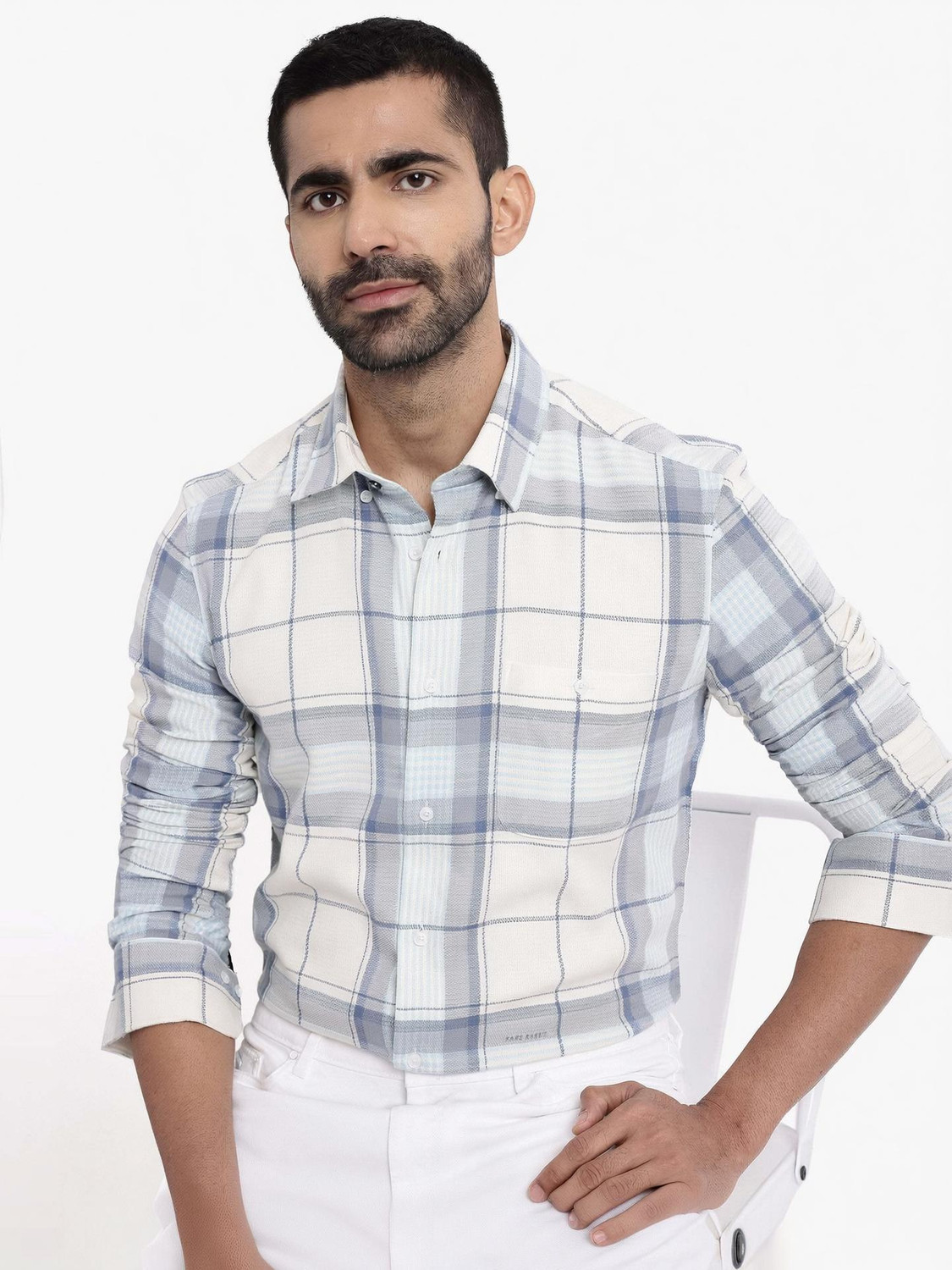 Image of RARE RABBIT Men Checkered Casual White Shirt