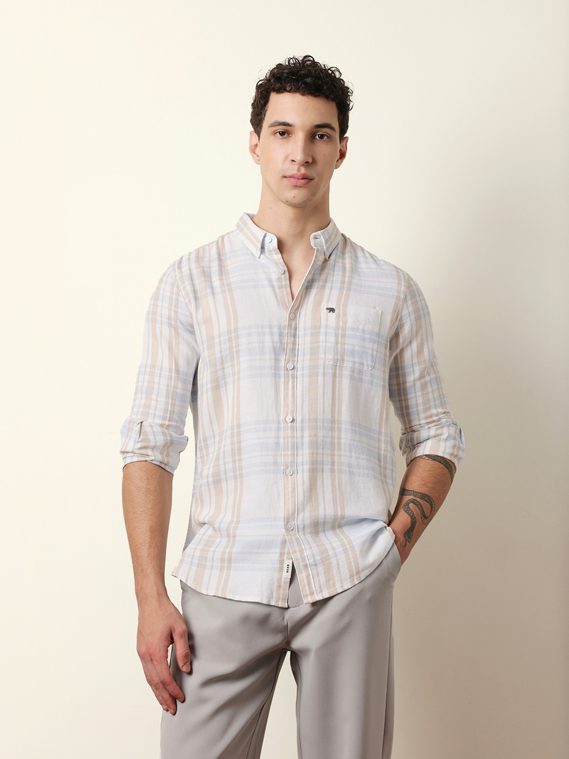 Image of THE BEAR HOUSE Men Checkered Casual White Shirt