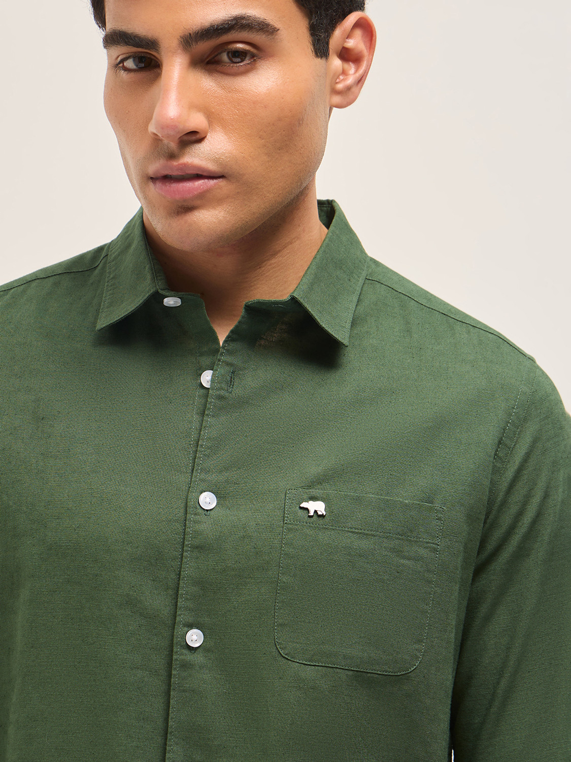 Image of THE BEAR HOUSE Men Solid Casual Light Green Shirt