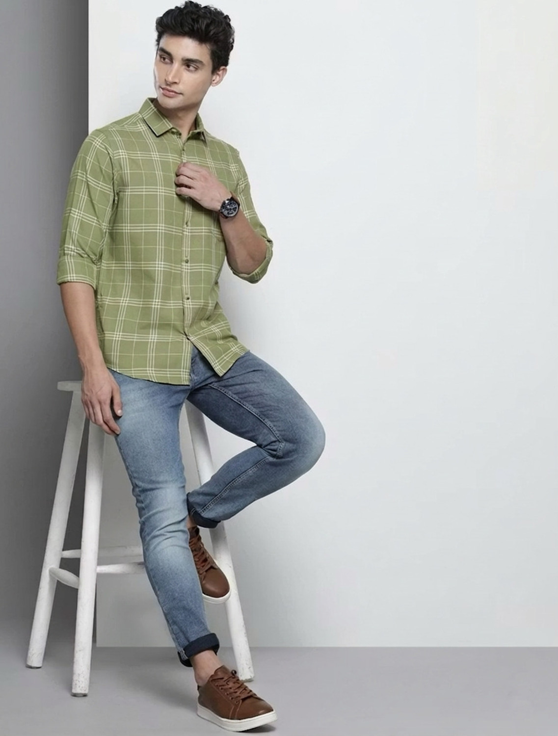 Image of METRONAUT Men Checkered Casual Light Green Shirt