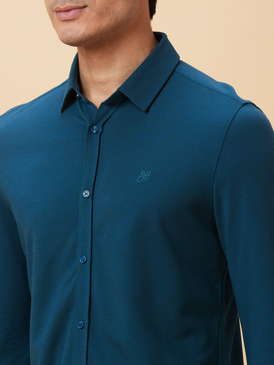 Image of BEING HUMAN Men Solid Casual Dark Blue Shirt