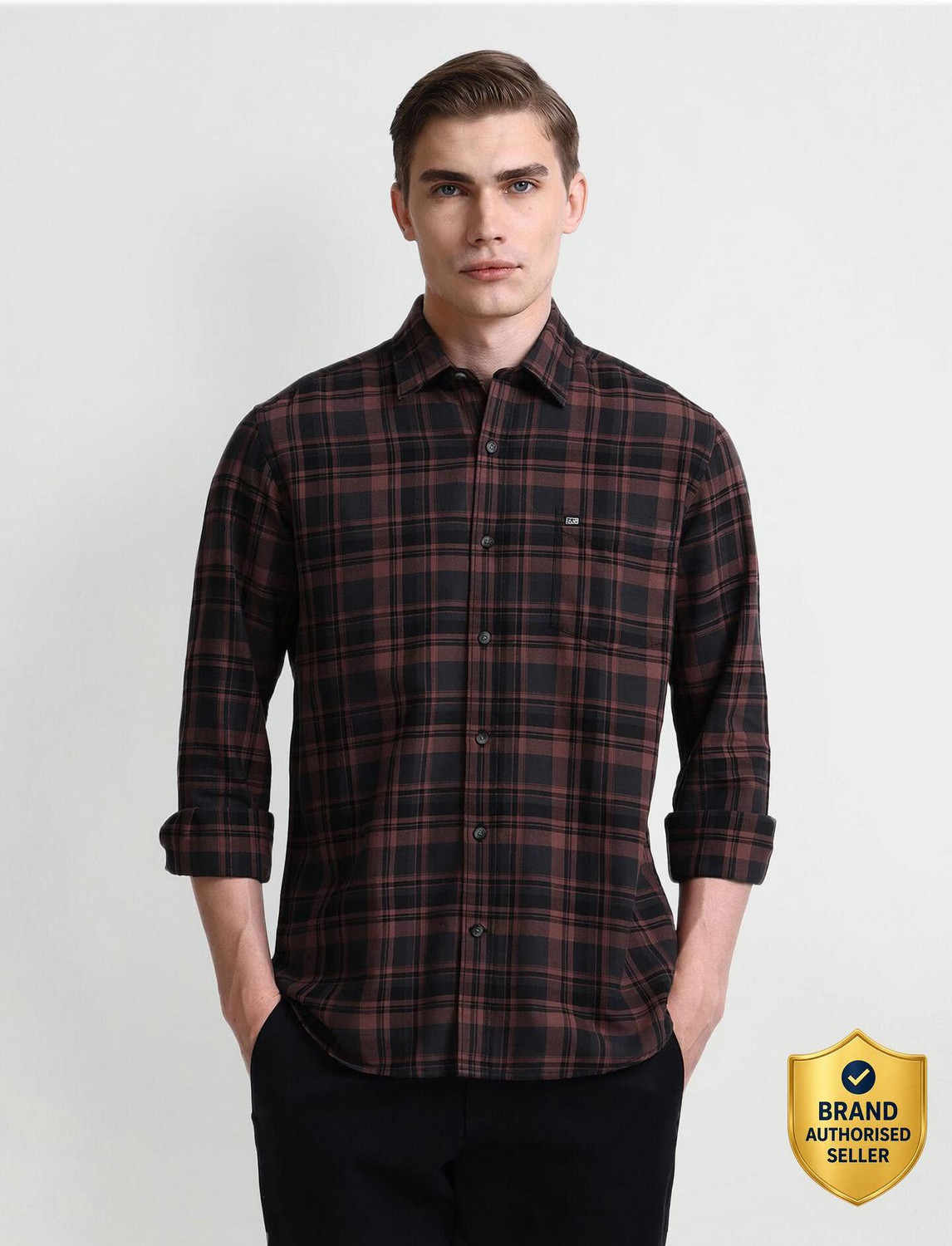 Image of ARROW Men Checkered Casual Brown Shirt