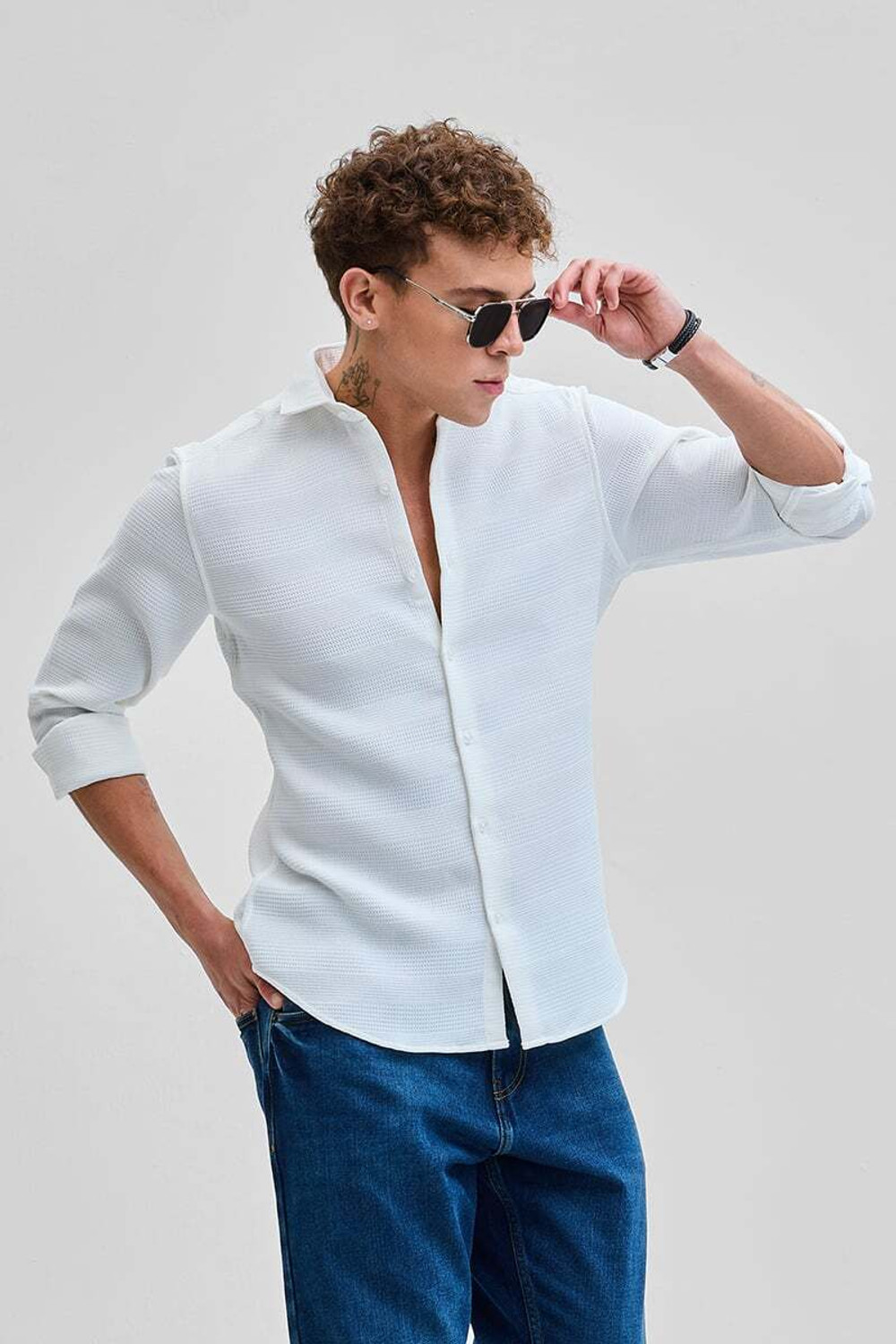 Image of Snitch Men Self Design Casual White Shirt