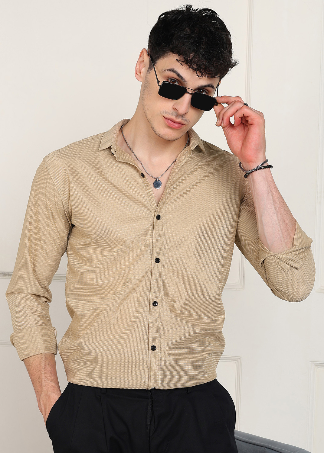 Image of GLOREN Men Solid Casual Beige Shirt