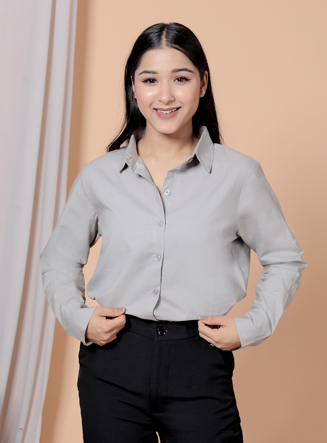 Image of D ATTIRES Women Solid Formal Grey Shirt