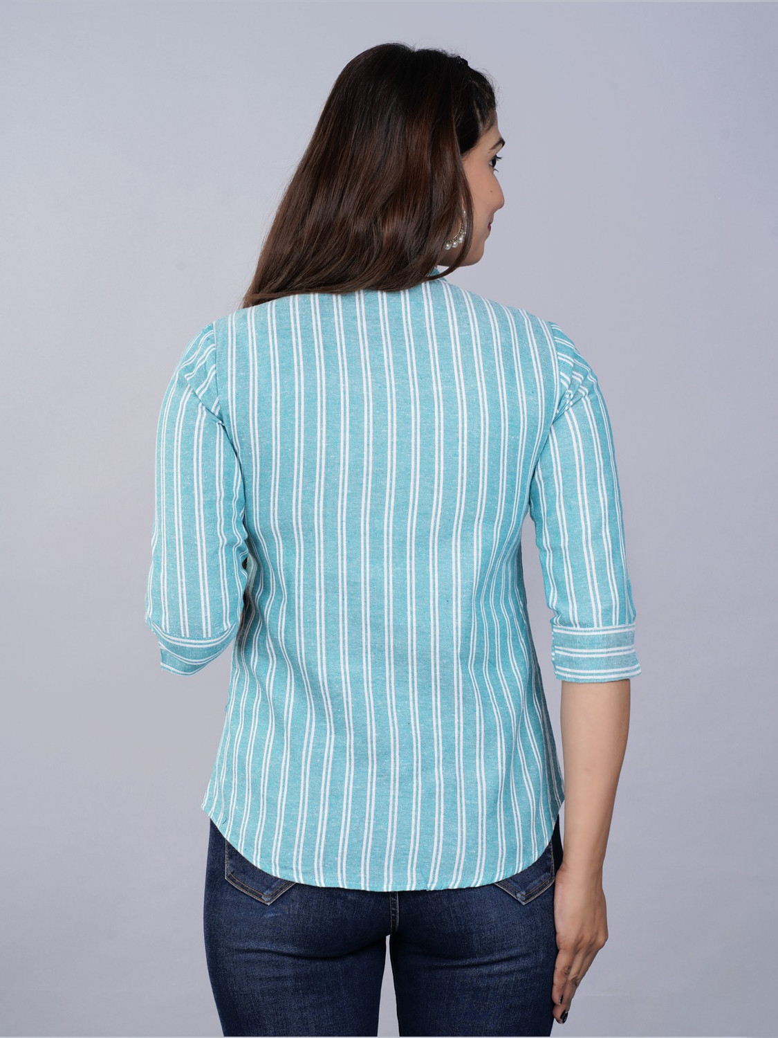Image of FABISHO Women Striped Casual Light Blue Shirt