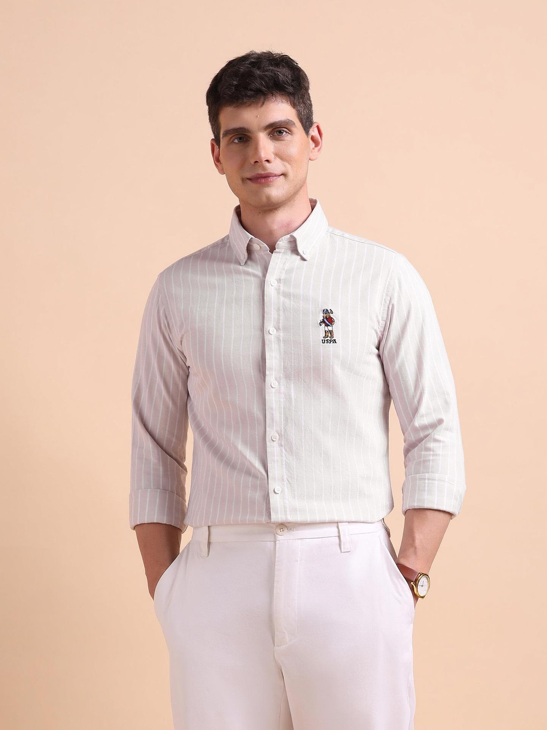 Image of U.S. POLO ASSN. Men Striped Casual Beige Shirt