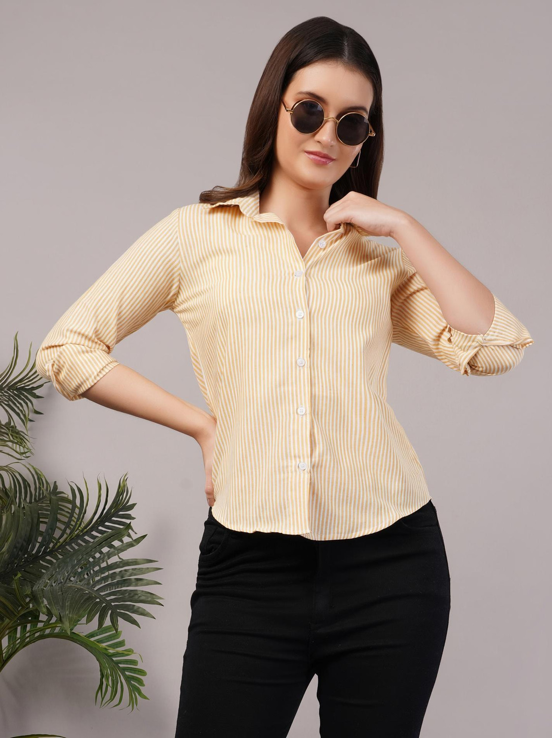 Image of EVERSOFT FLOW Women Striped Casual Yellow Shirt