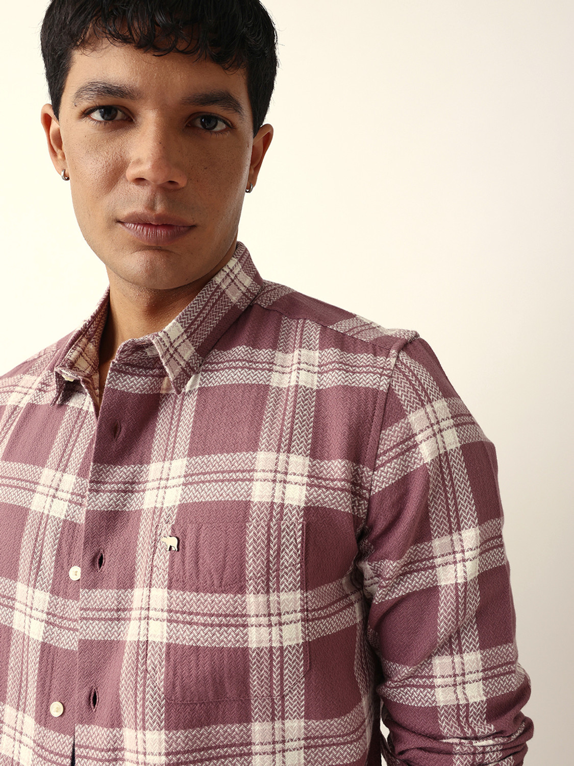 Image of THE BEAR HOUSE Men Checkered Casual Purple, White Shirt