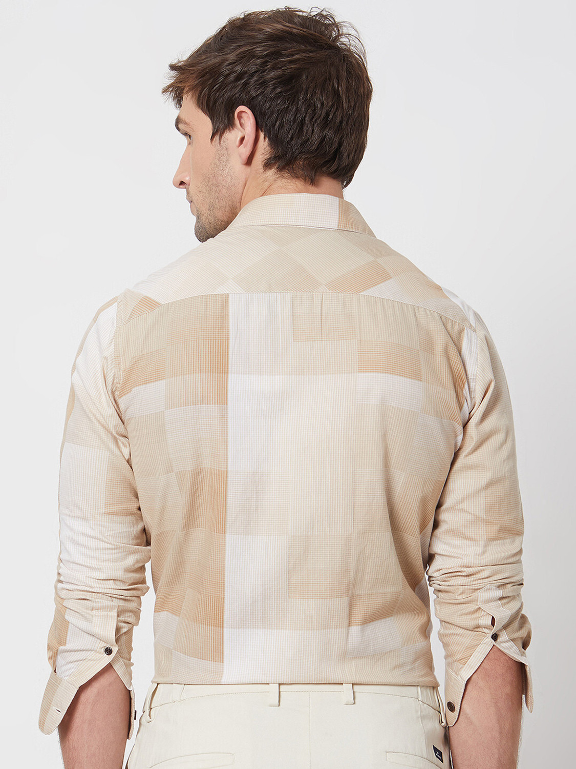 Image of MUFTI Men Checkered Casual White, Beige Shirt