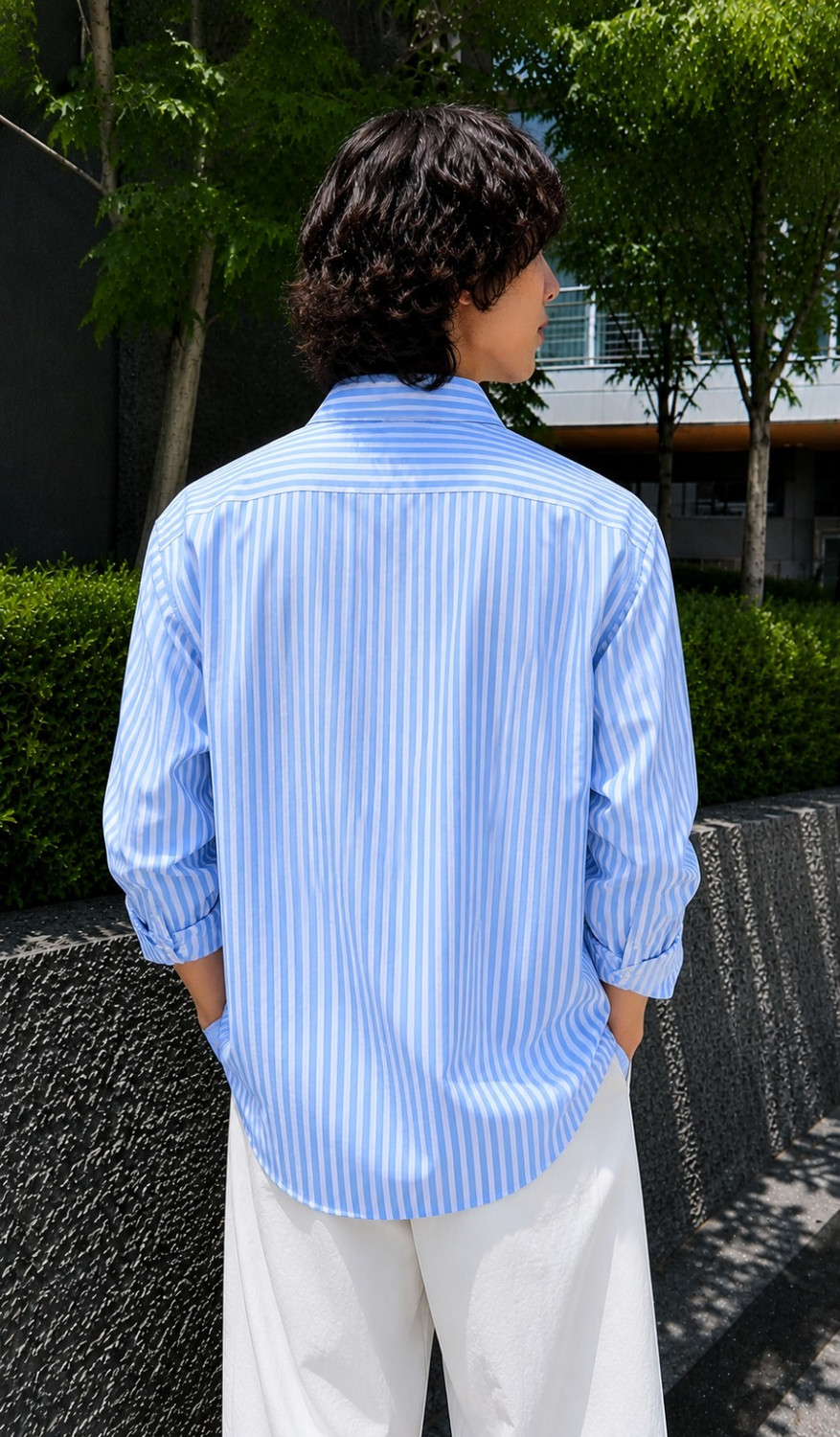 Image of CAMBREEN Men Striped Casual Light Blue Shirt