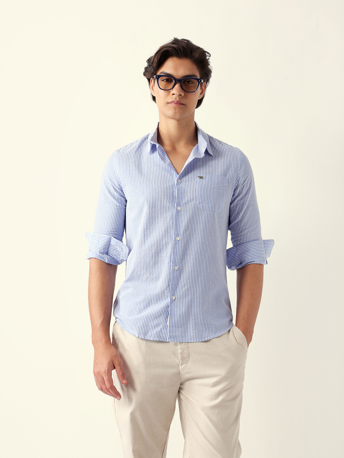 Image of THE BEAR HOUSE Men Striped Casual Blue Shirt