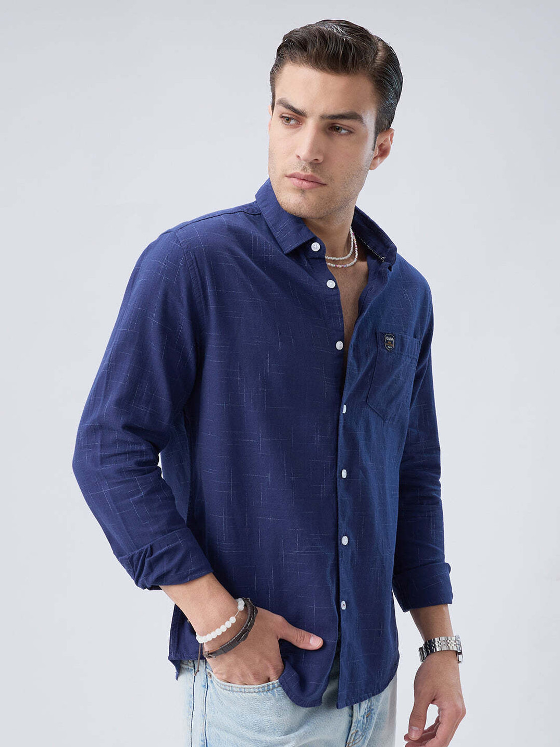 Image of VASTRADO Men Solid Casual Blue Shirt