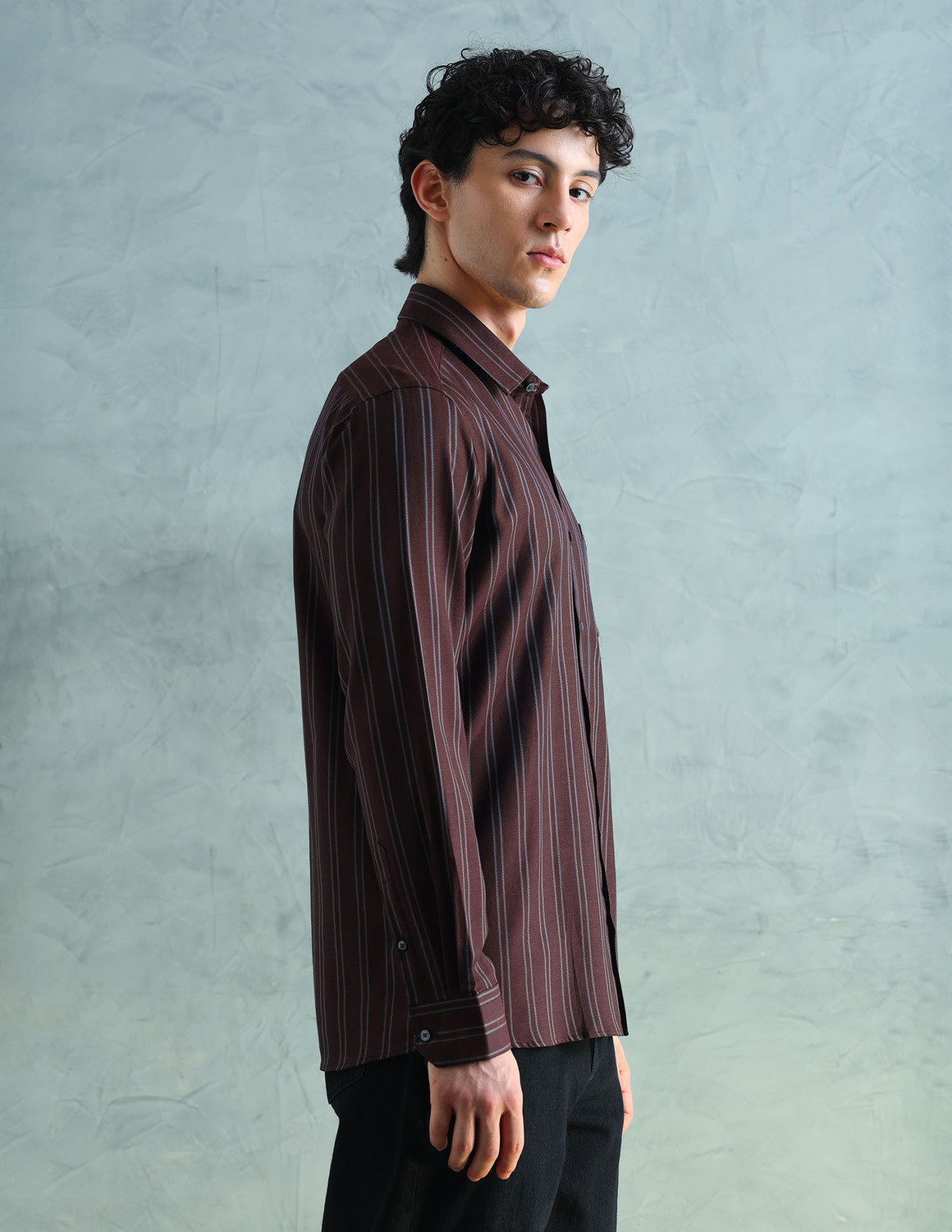 Image of ARROW Men Striped Formal Brown Shirt