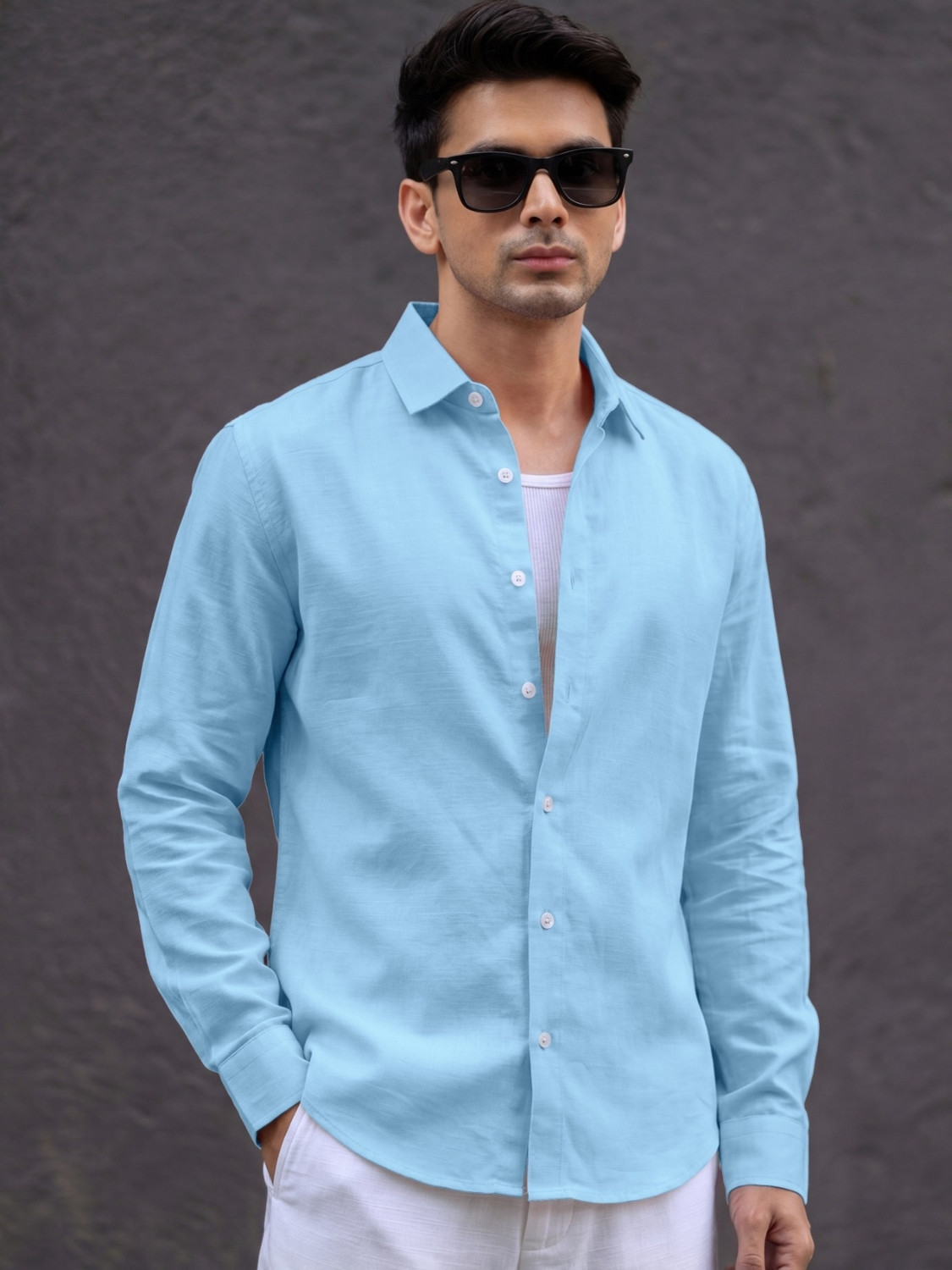Image of Roadster Men Solid Casual Blue Shirt