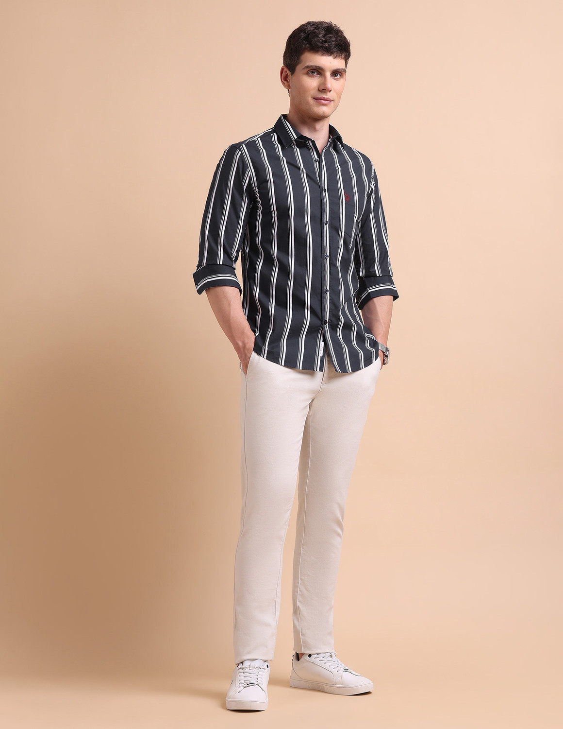 Image of U.S. POLO ASSN. Men Tailored Fit Striped Spread Collar Casual Shirt