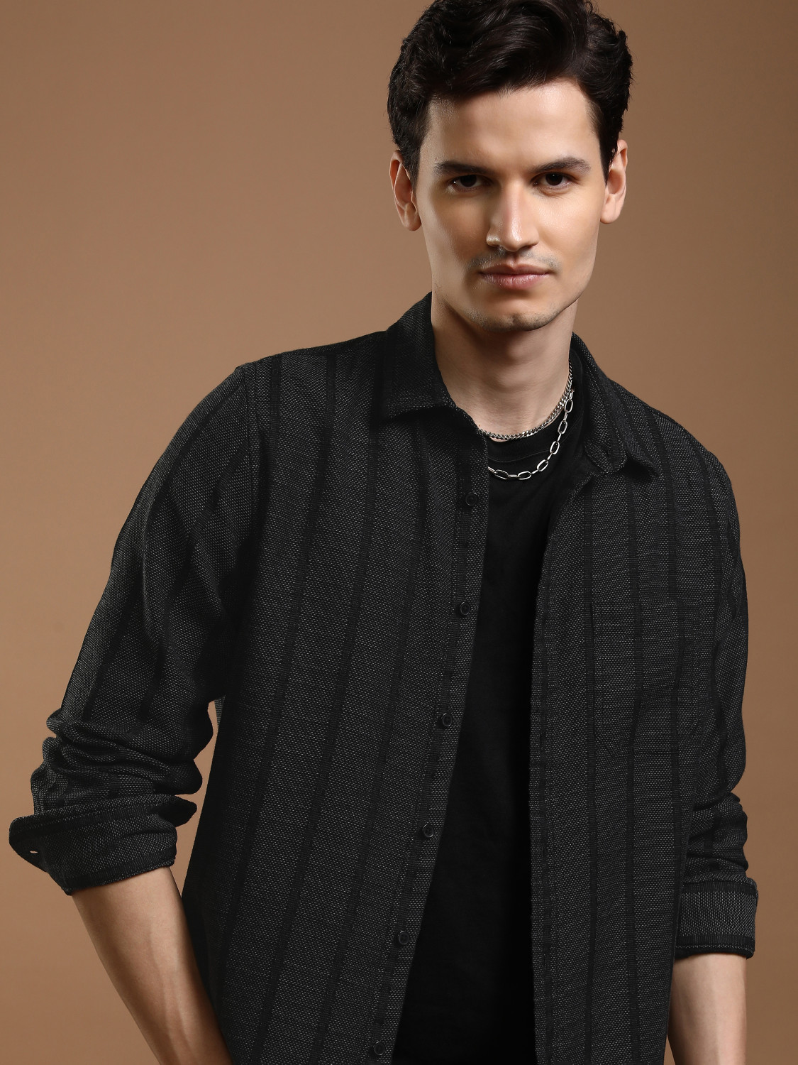 Image of HIGHLANDER Men Striped Casual Black Shirt