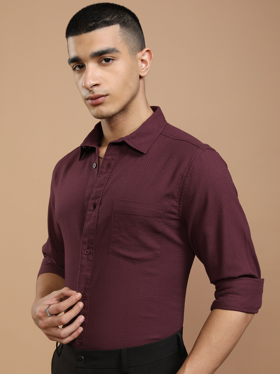 Image of HIGHLANDER Men Self Design Casual Red Shirt