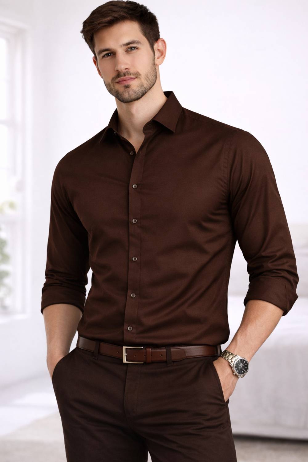 BROCON Men Solid Formal Brown Shirt