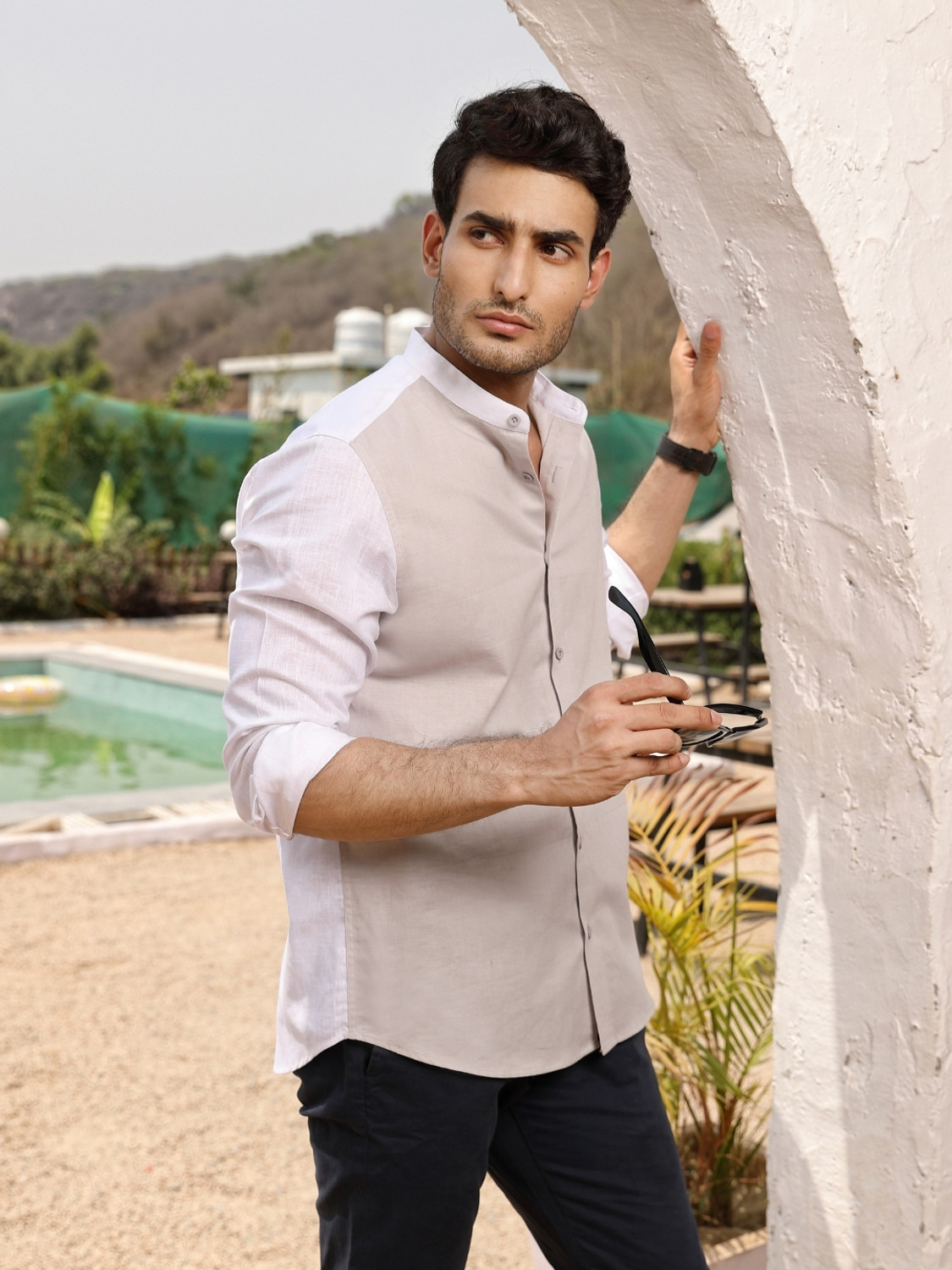 Image of PERCH Men Solid Casual Grey Shirt