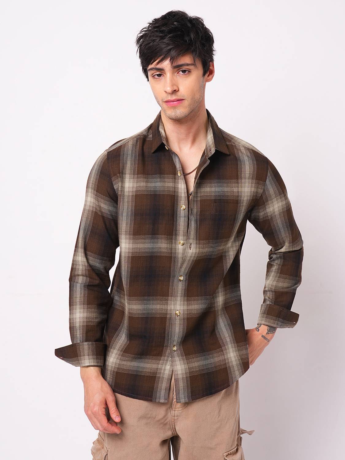 VASTRADO Men Checkered Casual Brown Shirt - Image 5