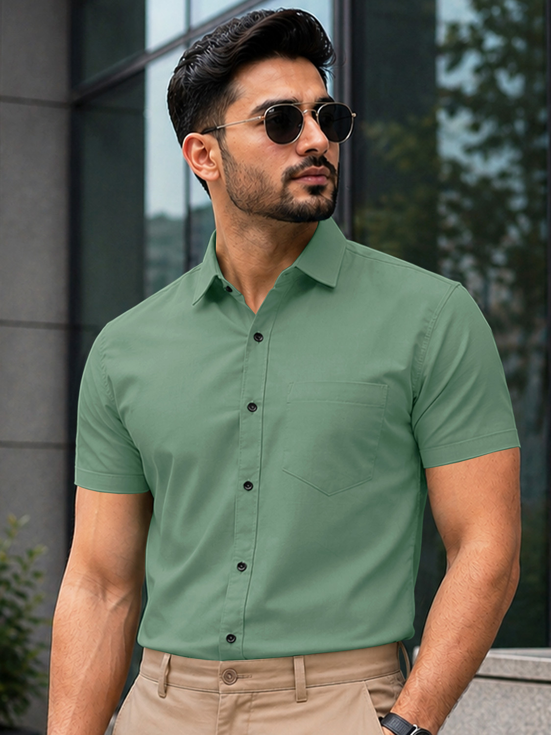 Image of VeBNoR Men Solid Formal Light Green Shirt