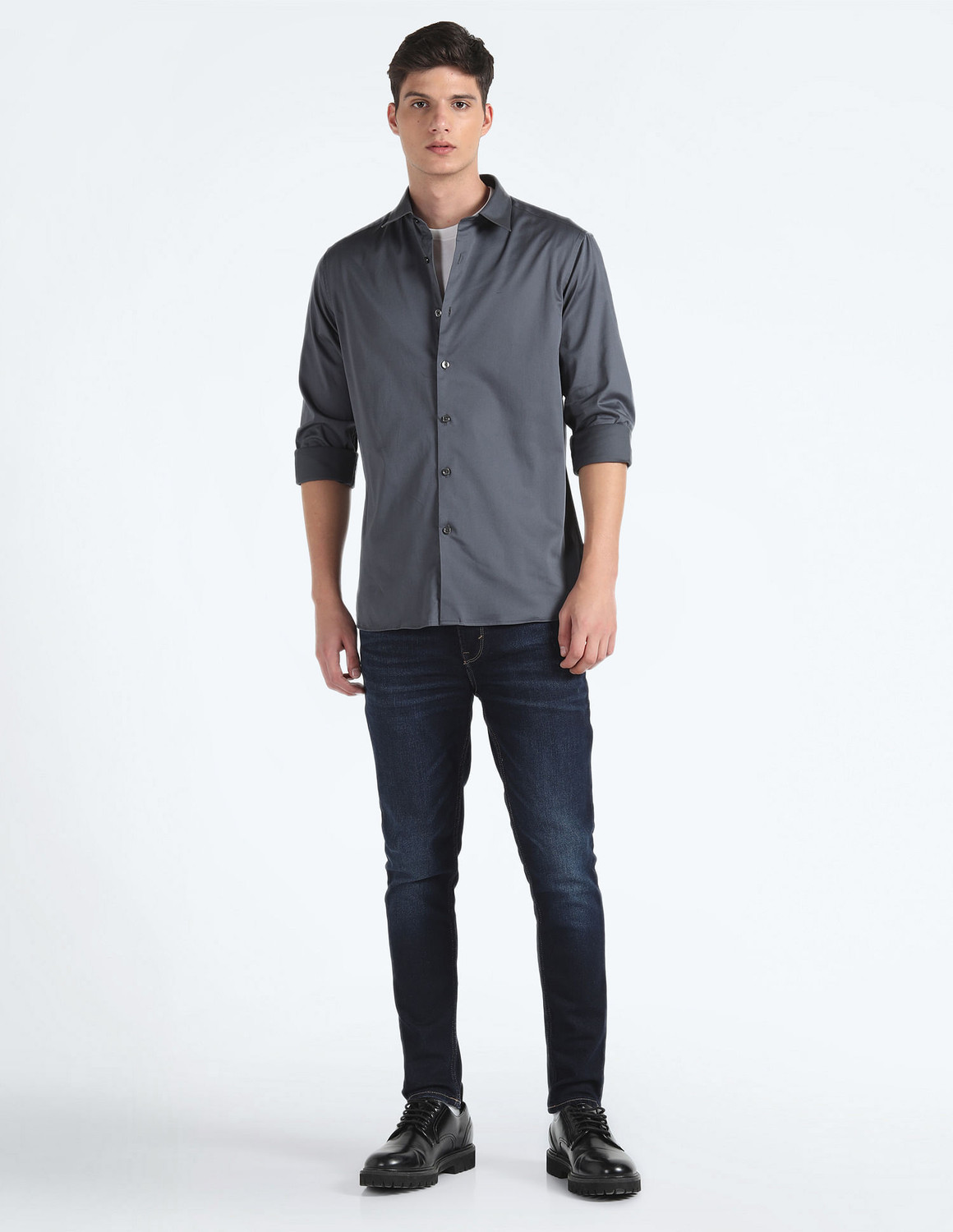 Image of FLYING MACHINE Men Self Design Casual Grey Shirt