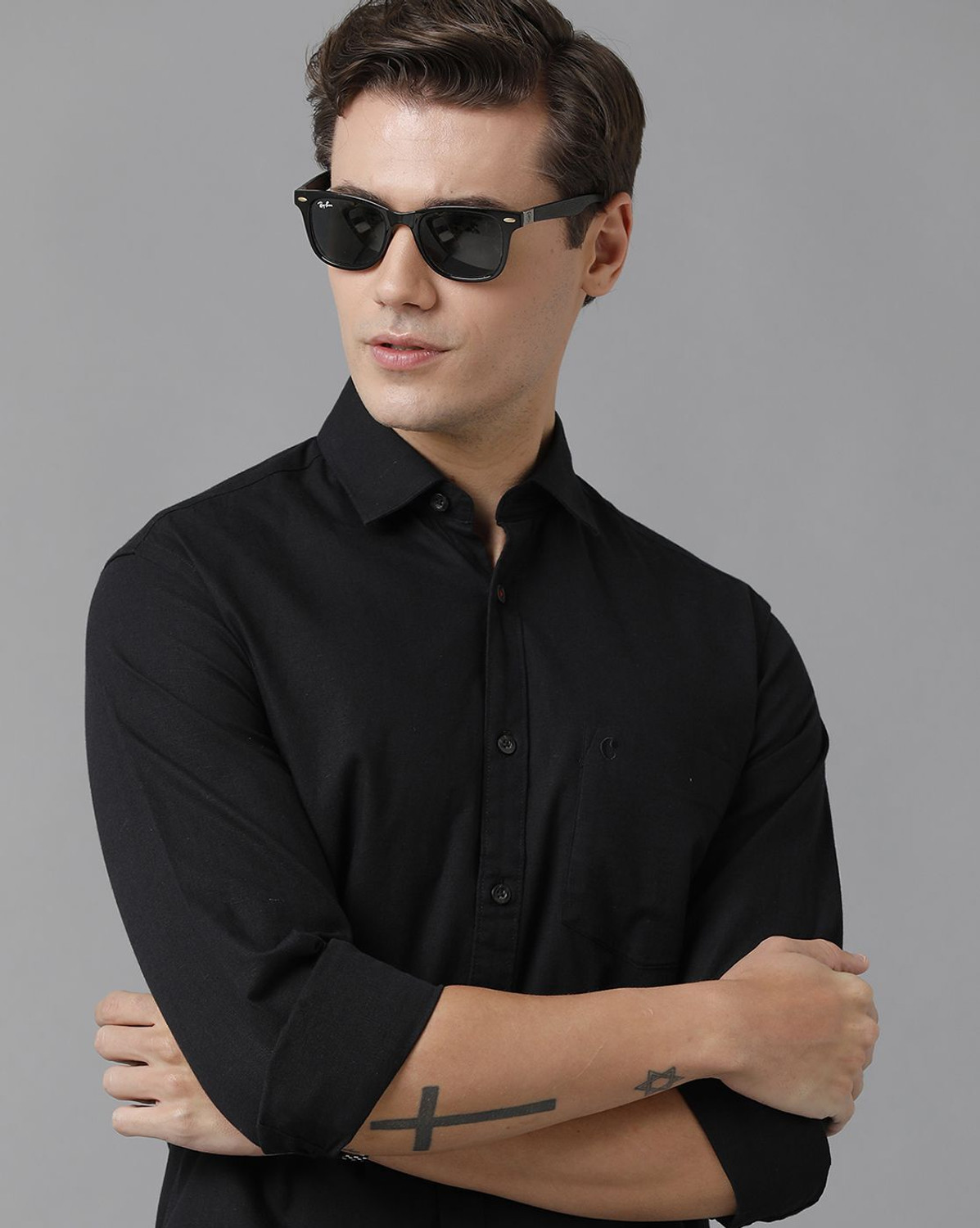 Image of GRANDSTITCH Men Solid Casual Black Shirt