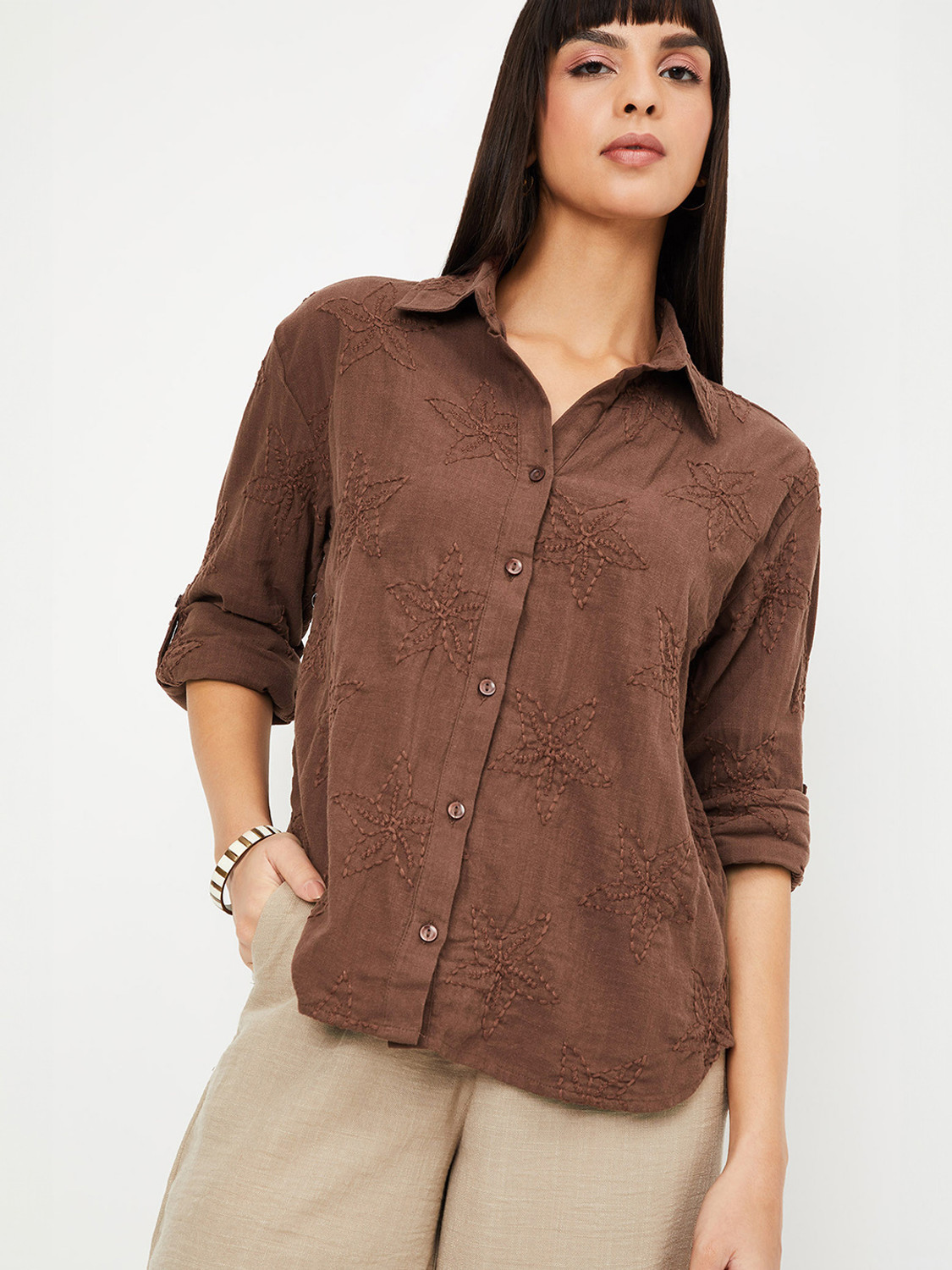 Image of MAX Women Embroidered Casual Brown Shirt