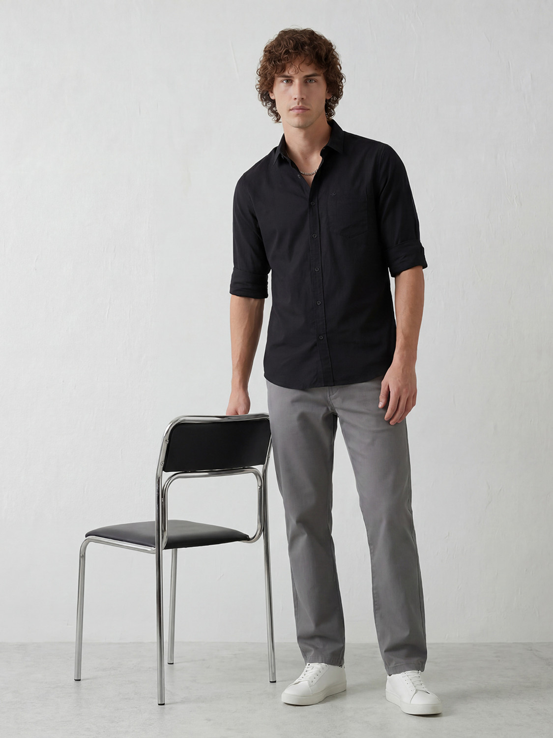 Image of WROGN Men Solid Casual Black Shirt