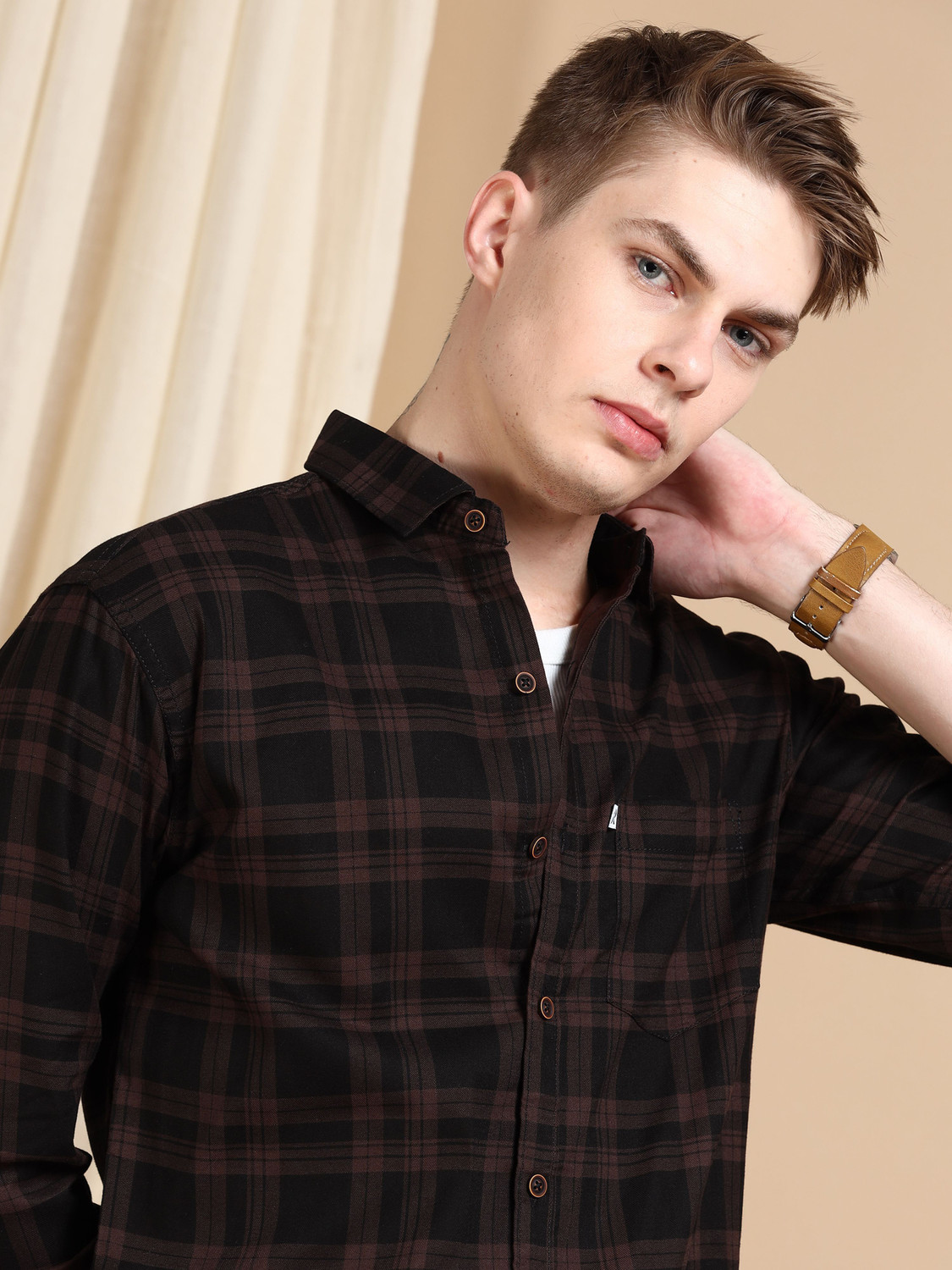 Image of ALLWIN PAUL Men Checkered Casual Brown Shirt