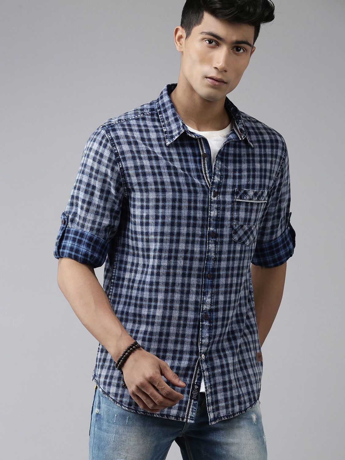 Image of Roadster Men Checkered Casual Blue Shirt
