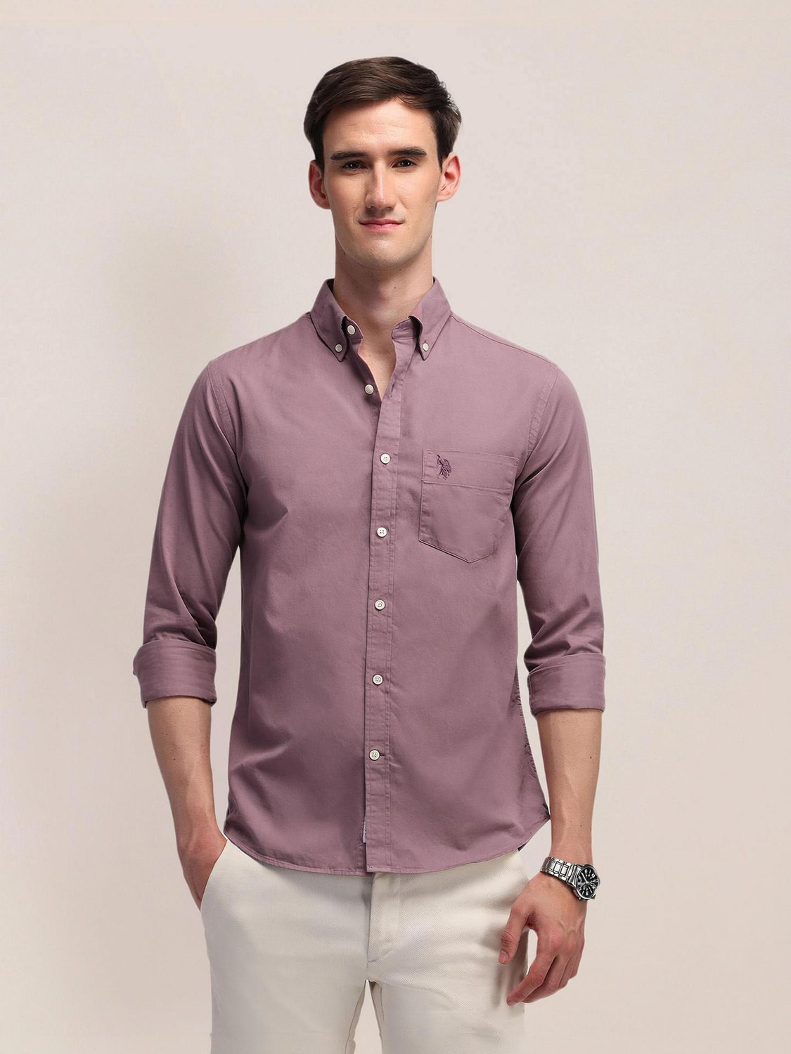 Image of U.S. POLO ASSN. Men Solid Casual Pink Shirt
