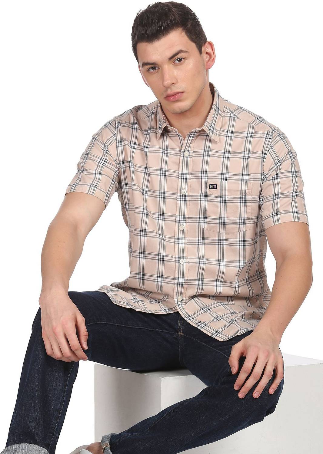 Arrow Sport Men Checkered Casual Beige Shirt