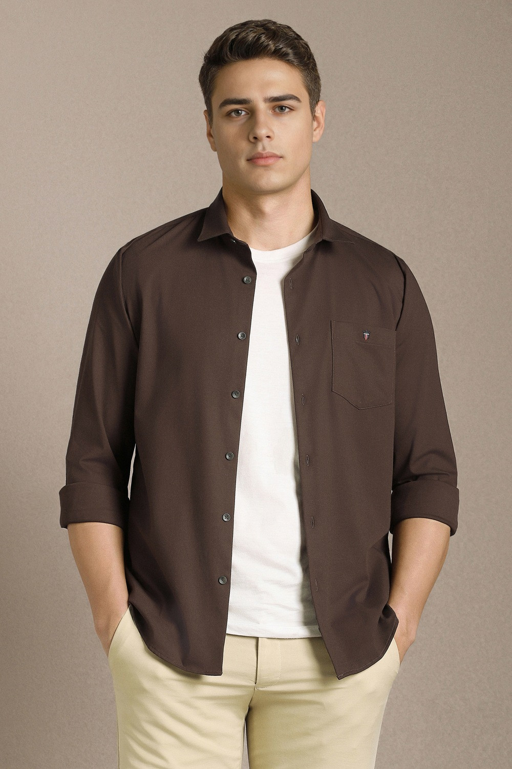 Image of LOUIS PHILIPPE Men Solid Casual Brown Shirt