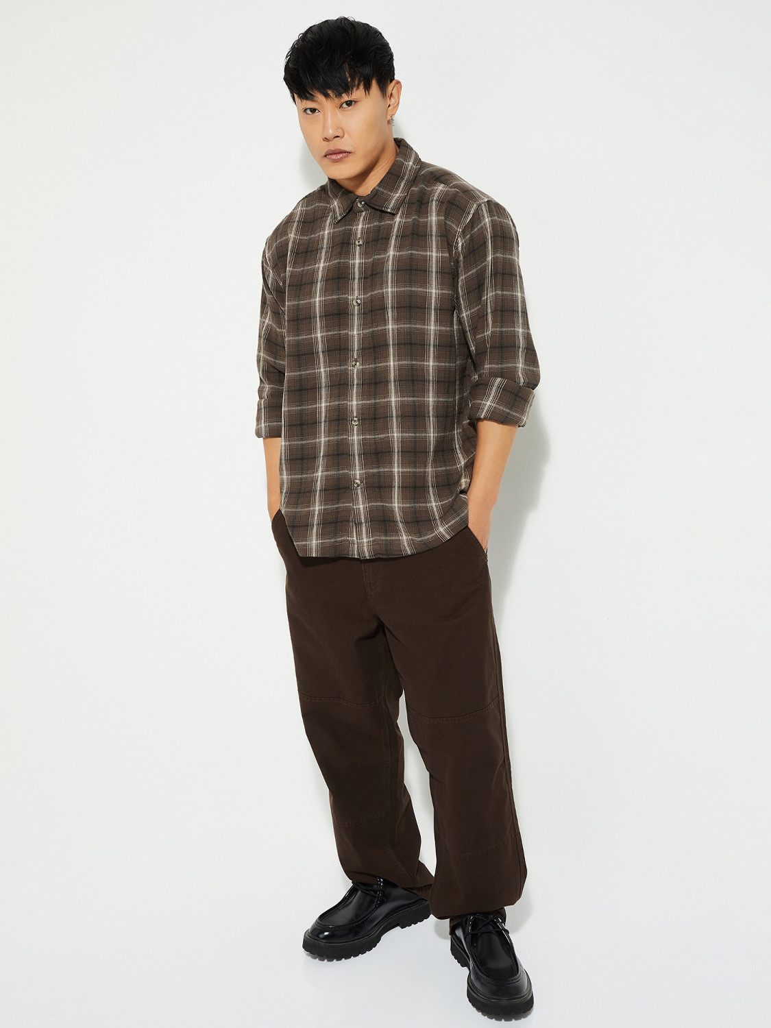 Image of MAX Men Checkered Casual Brown Shirt